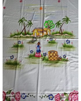 Handpainted cotton silk bedsheet with scenery in center and floral print